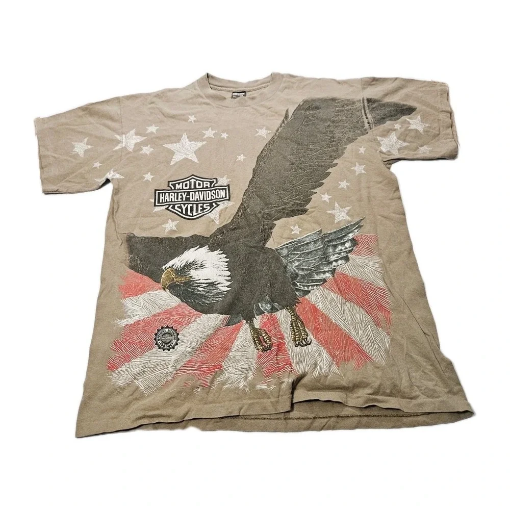 Vtg 90s Harley Davidson AOP Huge Eagle Flag Beige color Faded Biker Shirt Size L - Picture 1 of 4